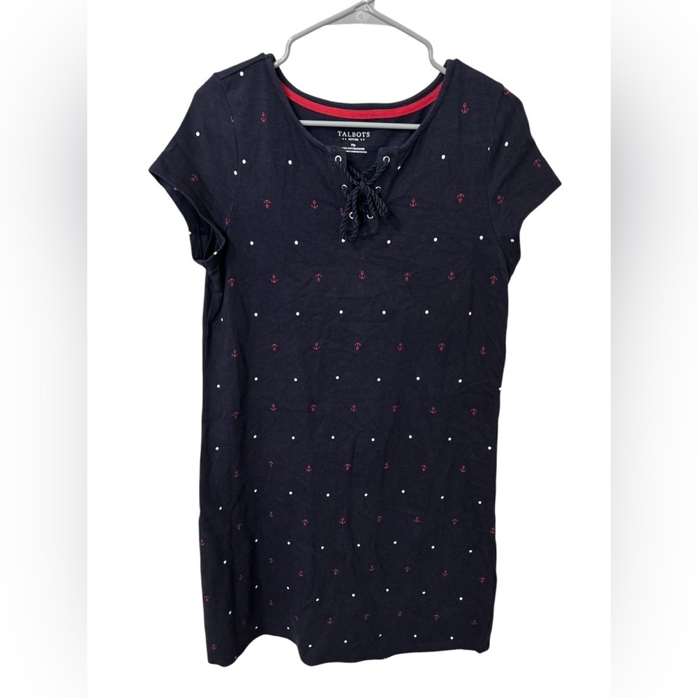 Talbots Petite Medium Navy Anchor Print Cotton Dress Nautical Tie Neck - Picture 1 of 5